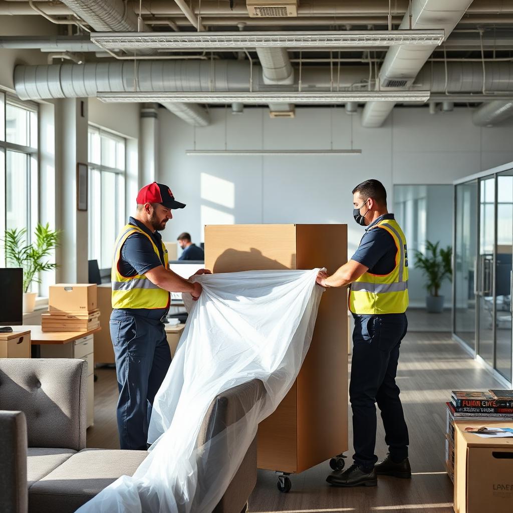 Movers packing and wrapping office equipment for a commercial relocation